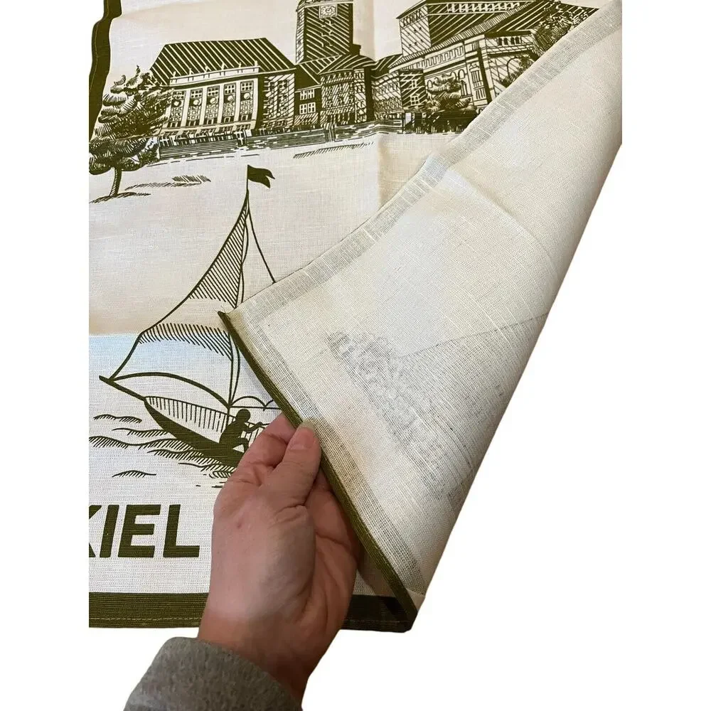 VTG New Old Stock Linen Tea Towel KIEL Germany Sailboat Architecture Landmarks